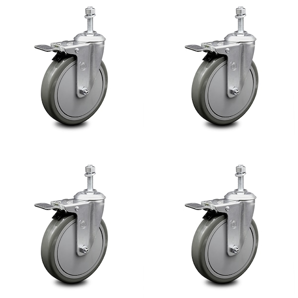 6 Inch Gray Polyurethane Swivel 10mm Stem Caster Set with Total Lock Brake